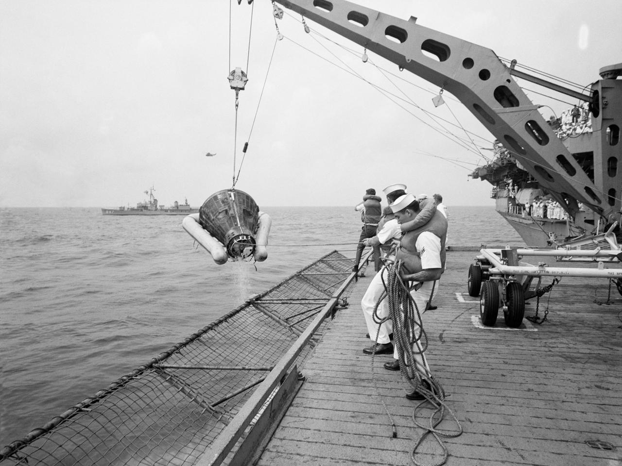 Gemini 9A capsule being hoisted aboard the USS Wasp after recovery