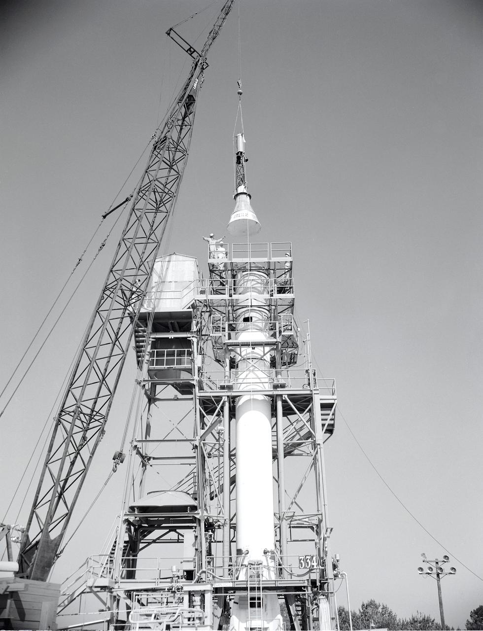 Mercury capsule installed on a Redstone booster at the Redstone Test Stand
