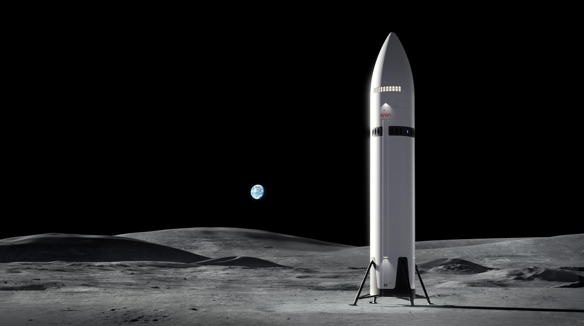 Artist concept of SpaceX Starship Human Landing System on the lunar surface